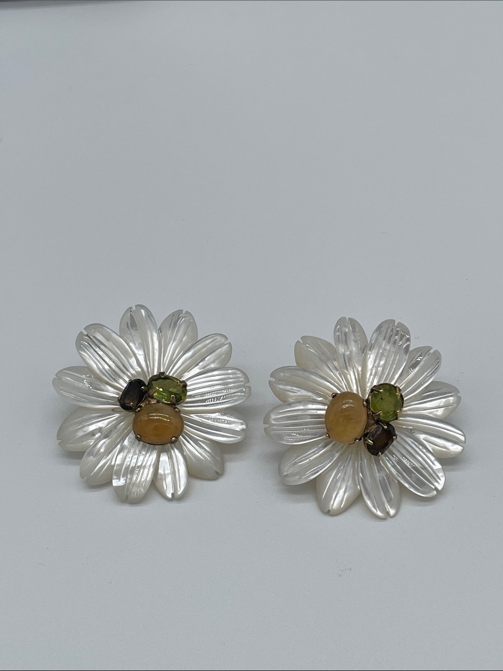 Bounkit NYC Irelina Daisy Clip On Earrings 14K GP MOP and semi-precious stones